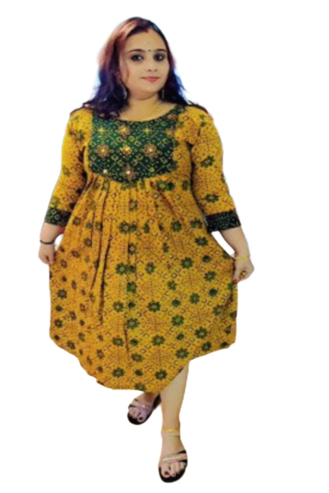 Women's Kurti Cotton Ajrek Pattern Pleated with Mirror Round Neck.