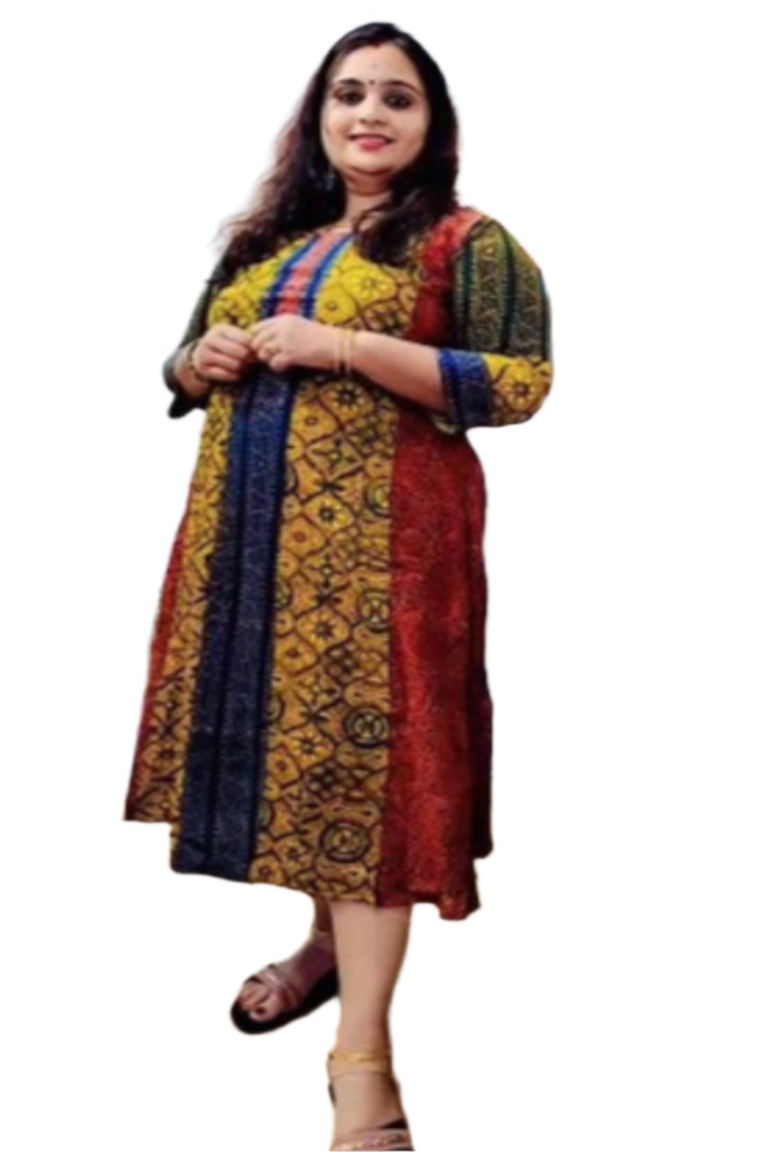 Women's A line Kurti Cotton Ajrek Pattern with Multicolour Round Neck.