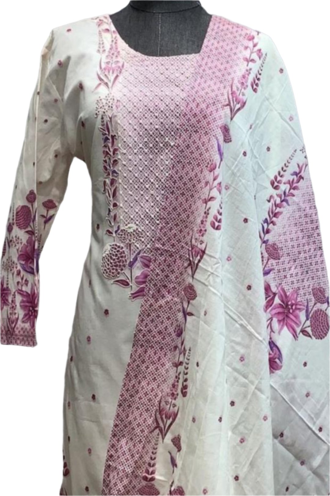 Kurtha with long sleeves which includes a panel of pink fabric with a smaller scale print that matches the larger purple flowers. The neckline has round neck .