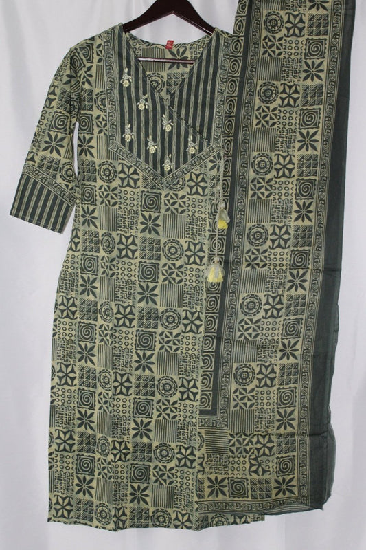 Women's Salwar Suit with Dupatta and Bottom  Pant Cotton Angrakha Pattern on Neck