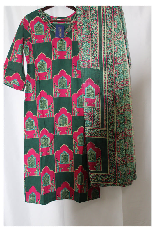 Women's Salwar Suit with Dupatta and Bottom Pant Cotton Bangaru Print V Neck