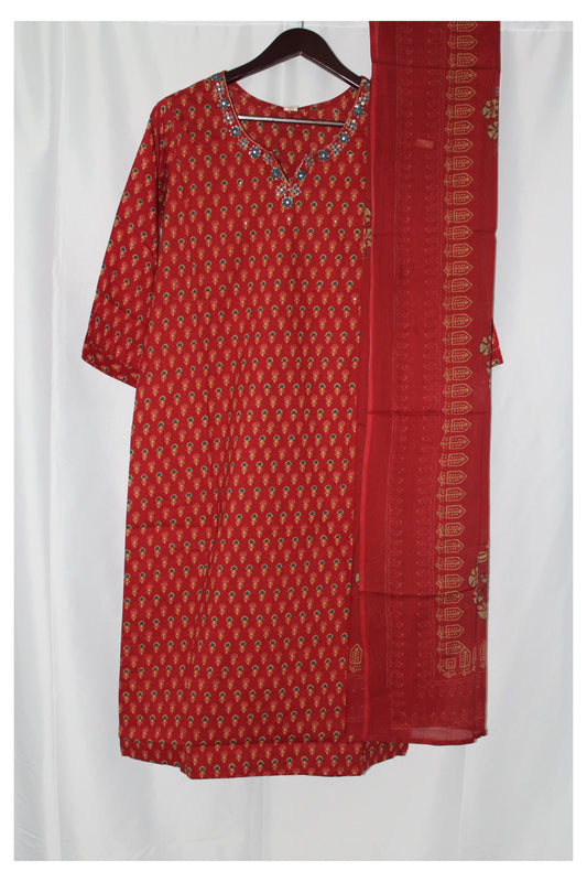 Women's Salwar Suit with Dupatta and Bottom Pant Cotton with Hand Work in Neck