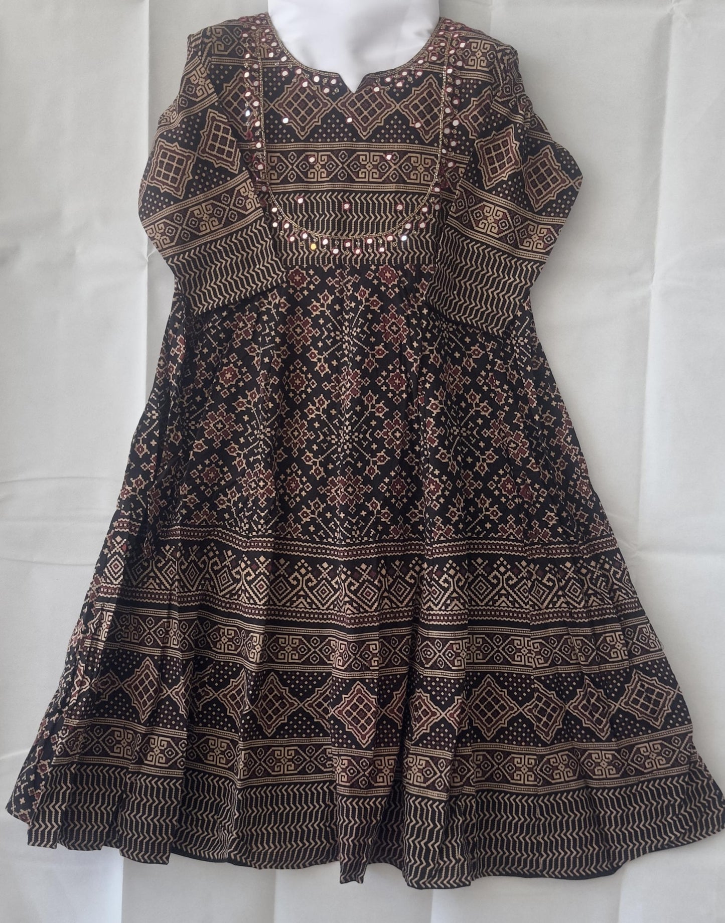 Women's Kurti Cotton Ajrek Pattern with Mirror Round Neck.