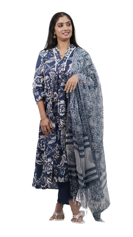 Salwar kameez with a dupatta long, flowing garment The garment features intricate patterns that include floral and foliage motifs.