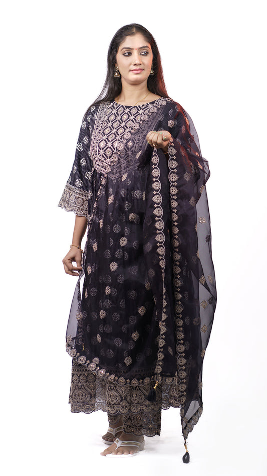 Kurti sets with  large floral designs and full sleeves have patterned ends that match the main design.