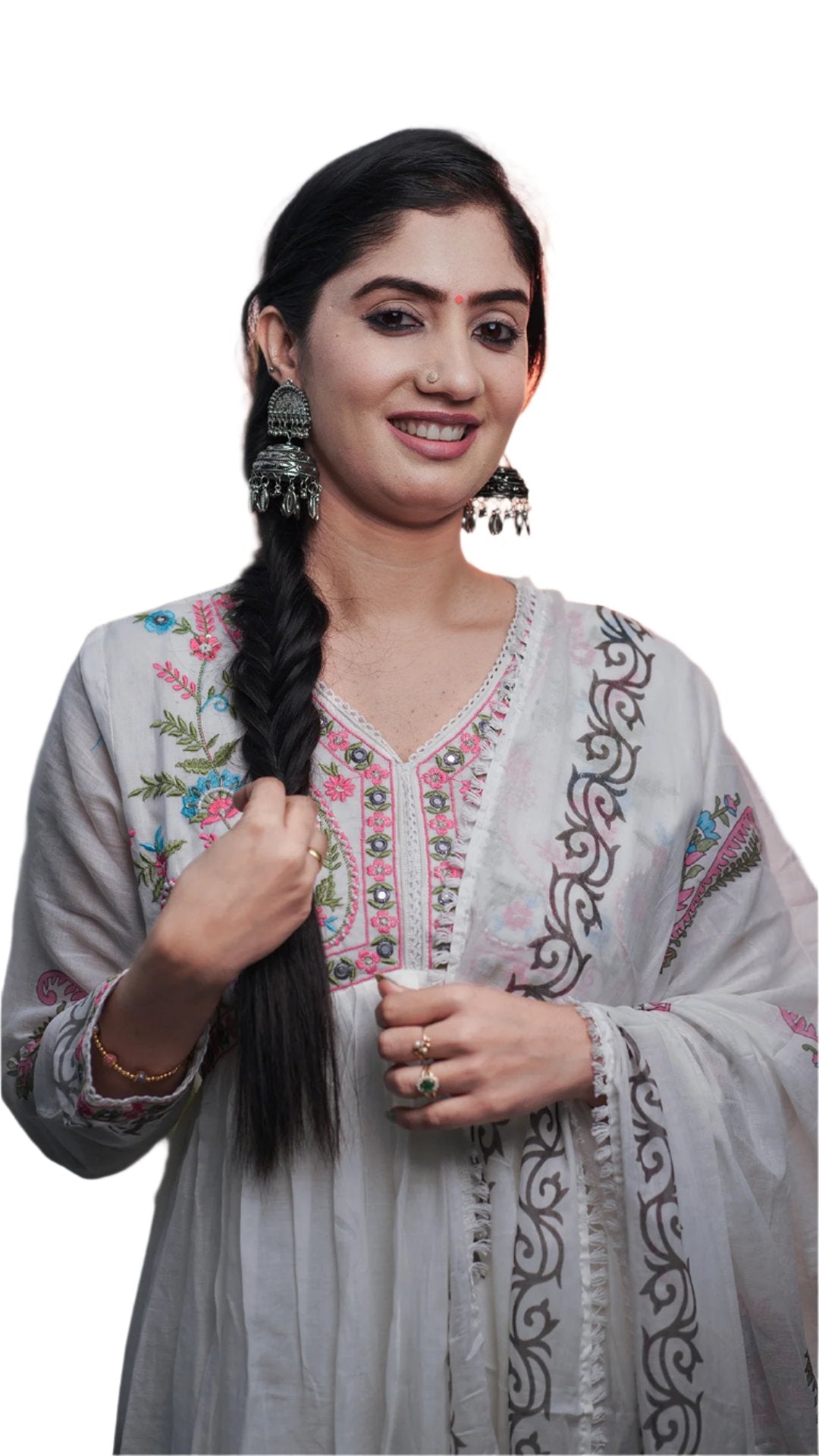 Kurti adorned with traditional embroidery.The embroidery shaped pattern around the neckline.