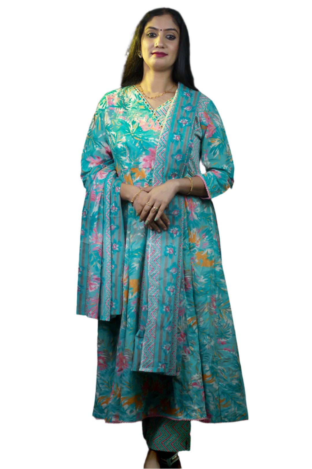 Floral design cotton kurti set including salwar kameez and dupatta along with v  neckline