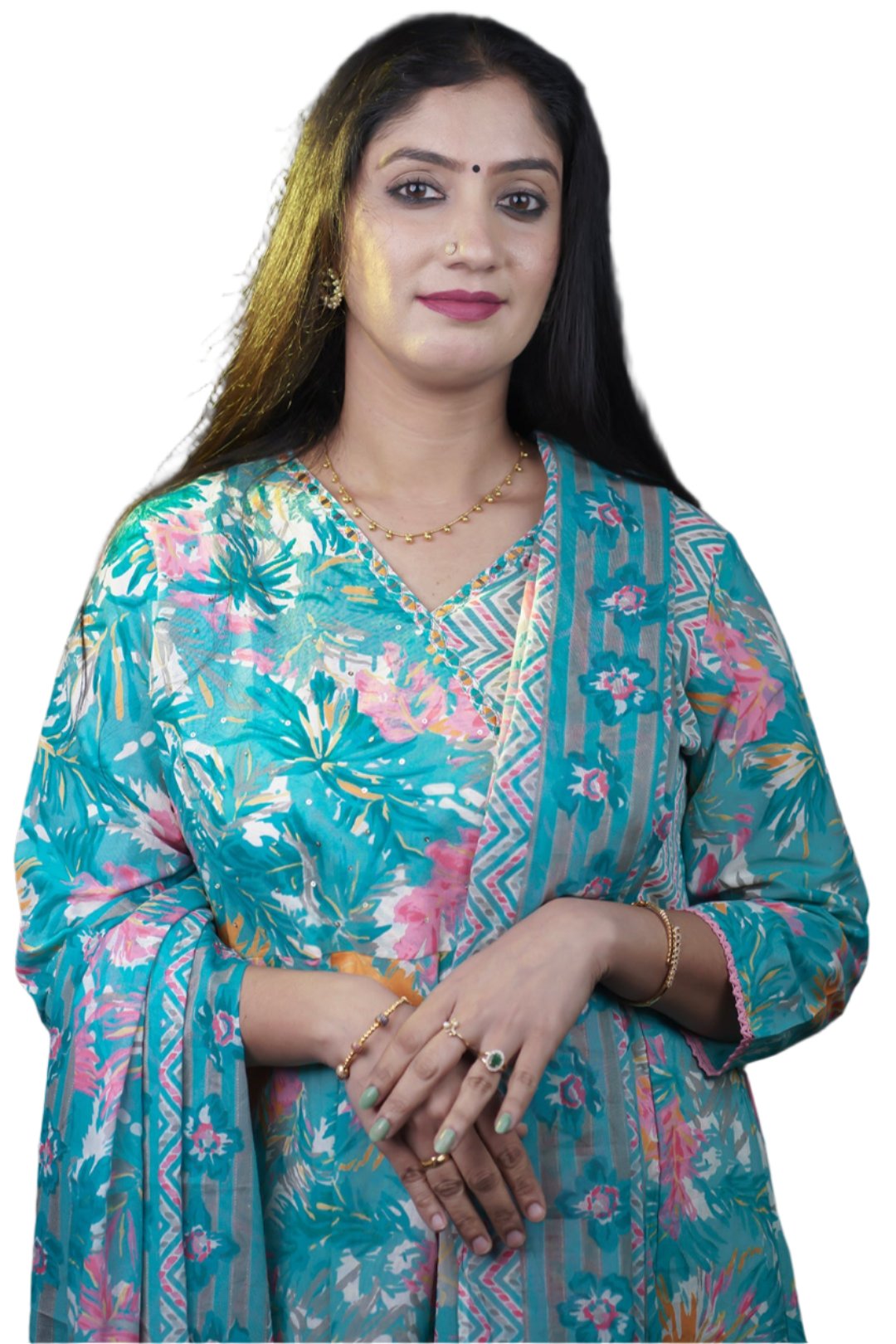 Floral design cotton kurti set including salwar kameez and dupatta along with v  neckline