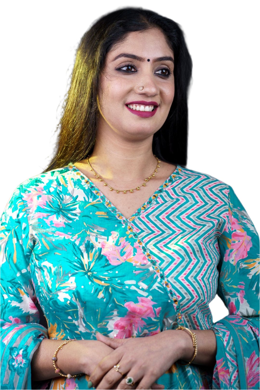 Floral design cotton kurti set including salwar kameez and dupatta along with v  neckline