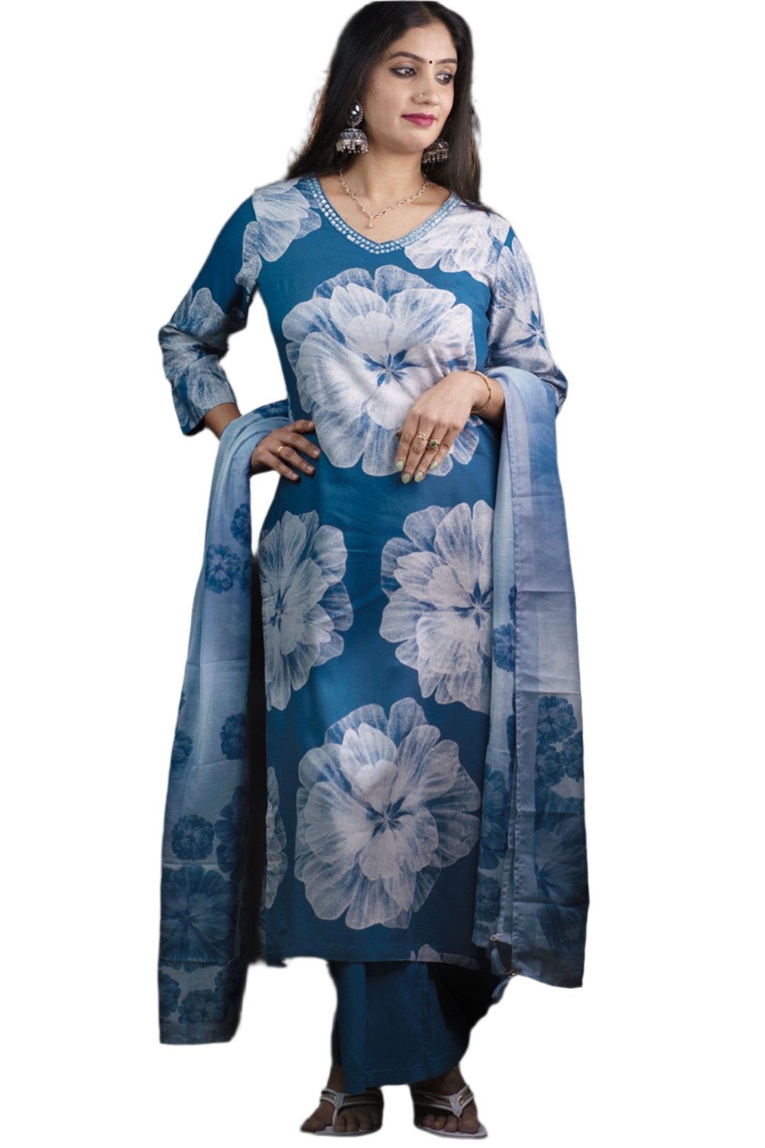 Cotton Modal digital print salwar kameez with dupatta containing floral patterns.