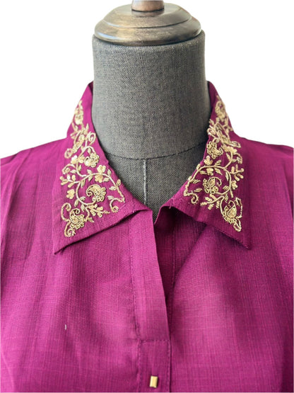 Premium Quality Co Ord Set With Intricate, Gold-Coloured Hand Work On The Collar Tips and Handcuff. The Handcuff Works Features Floral Patterns. Made With Viscose Fabric