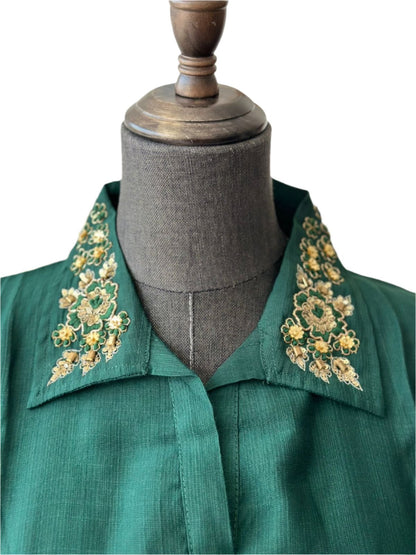 Premium Quality Co Ord Set With Intricate, Gold-Coloured Hand Work On The Collar Tips and Handcuff. The Handcuff Works Features Floral Patterns. Made With Viscose Fabric