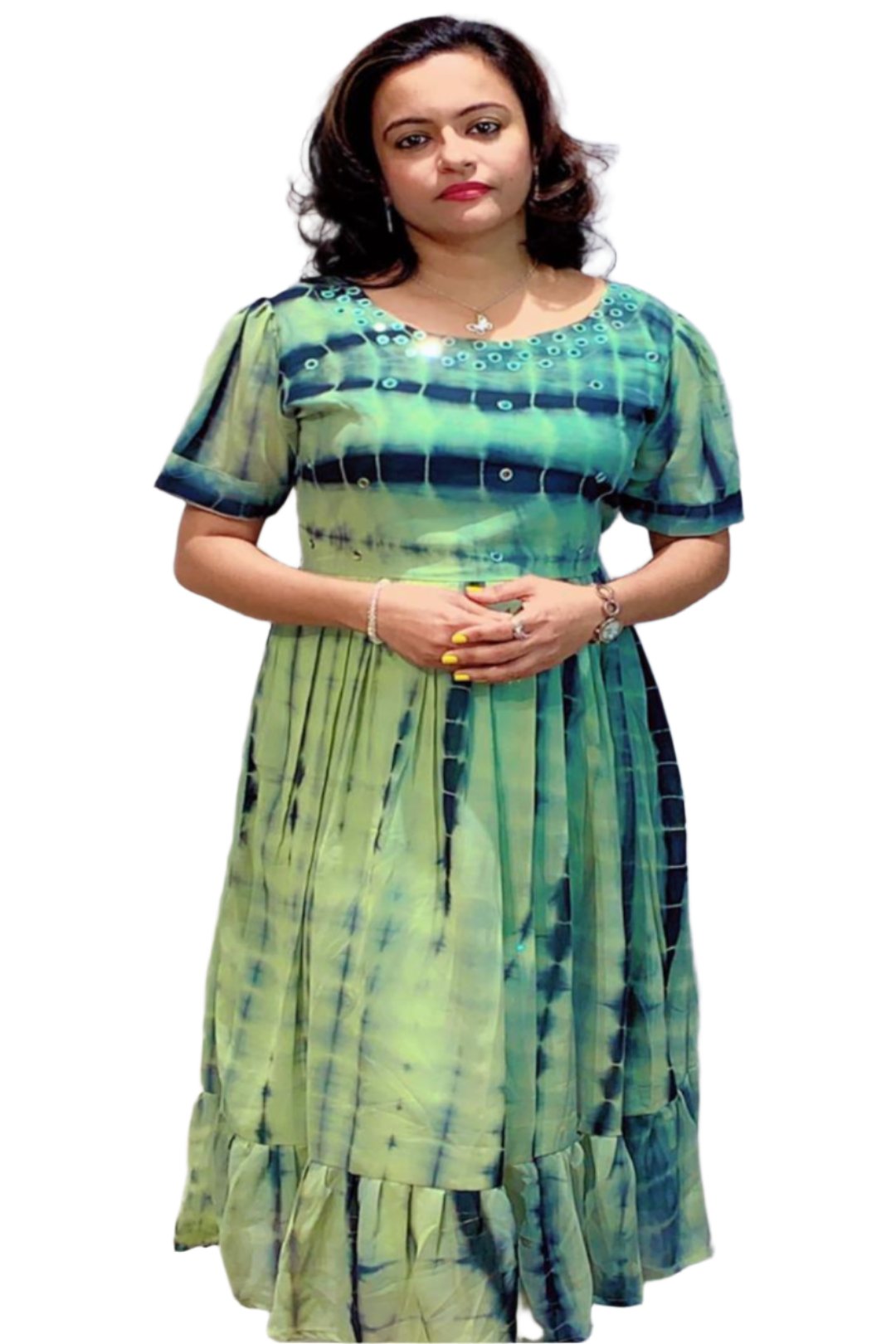 Frock With Pleeted Pattern And Mirror With Round Neck.