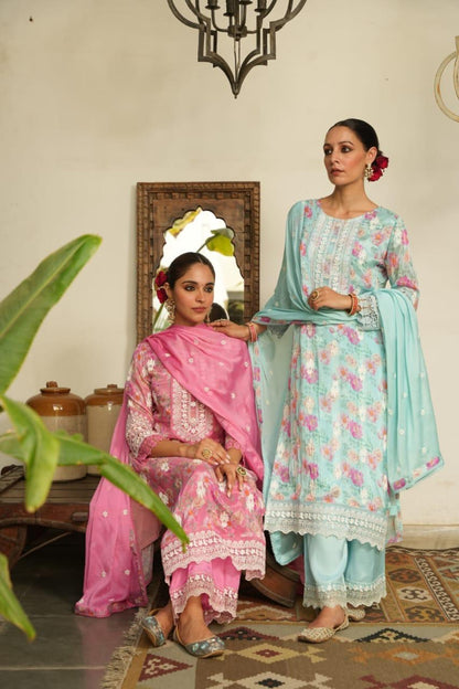 Trendy designer party wear salwar set with muslin pattern.