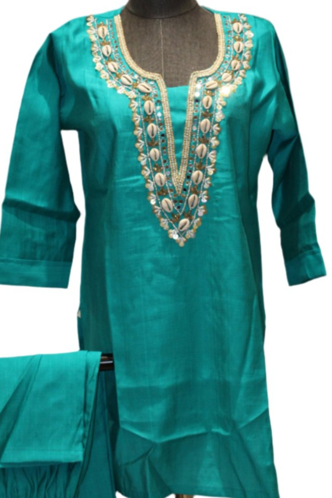 Co Ord Set Indian Outfit  Features Intricate Hand Made Work Around The Neckline and Down The Front & Matching Pants.