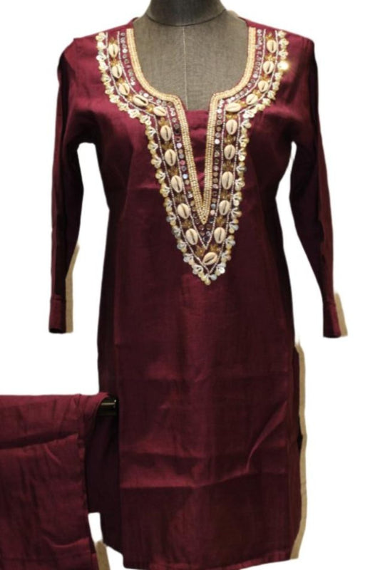 Co Ord Set Indian Outfit  Features Intricate Hand Made Work Around The Neckline and Down The Front & Matching Pants.