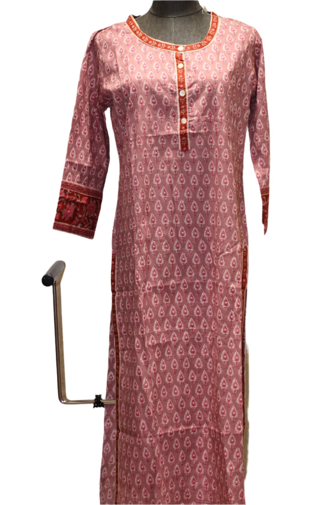 Knee-Length Kurti With Round Neckline With Golden Piping Slit And Long Sleeves