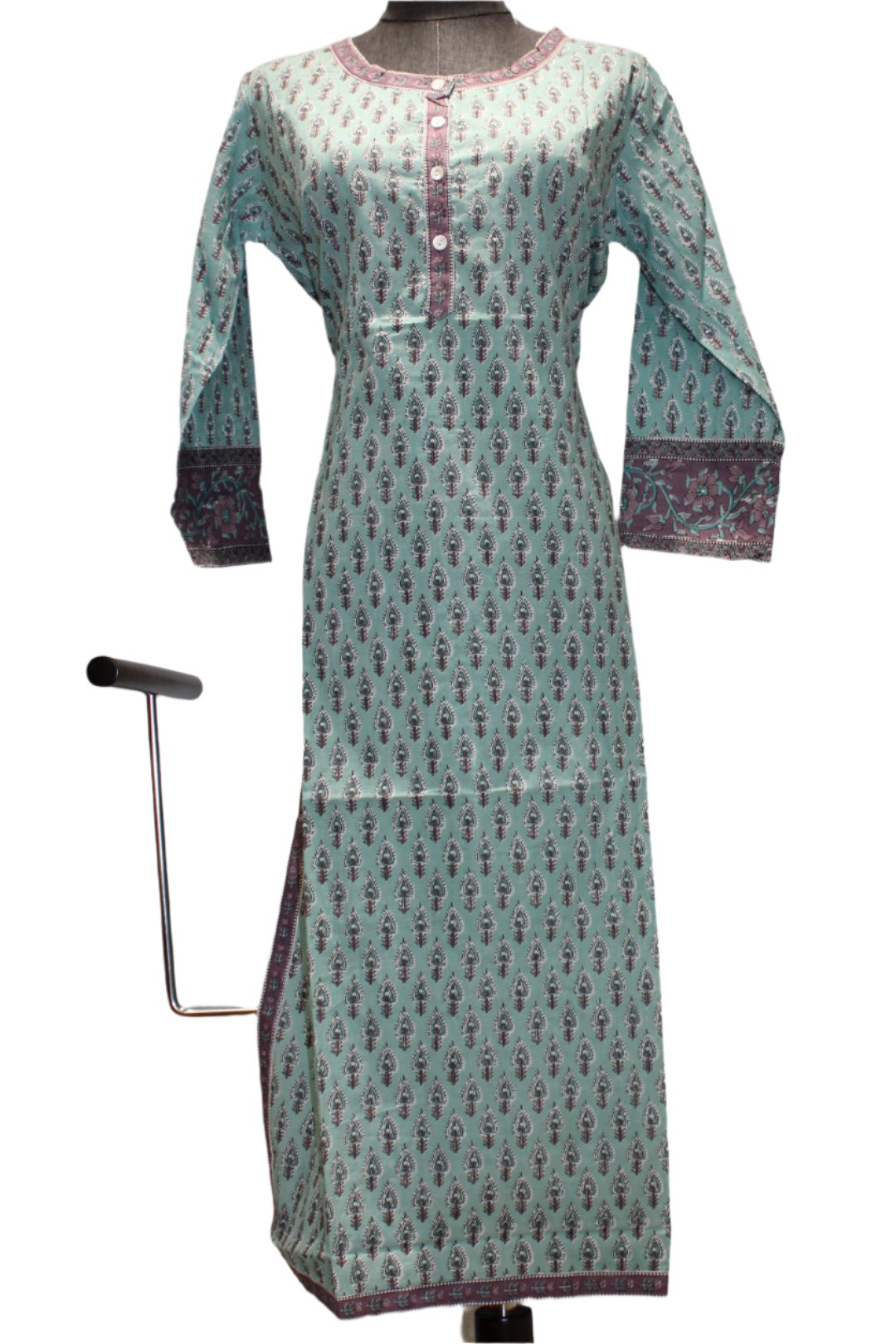 Knee-Length Kurti With Round Neckline With Golden Piping Slit And Long Sleeves