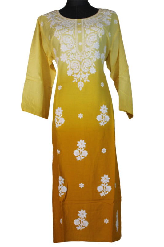 Long Sleeved Kurti With  White Floral Embroidery And Round Neckline