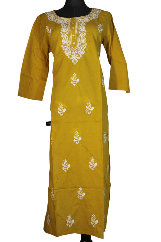 The pink chikankari kurti in the image is hand embroidered and made of cotton