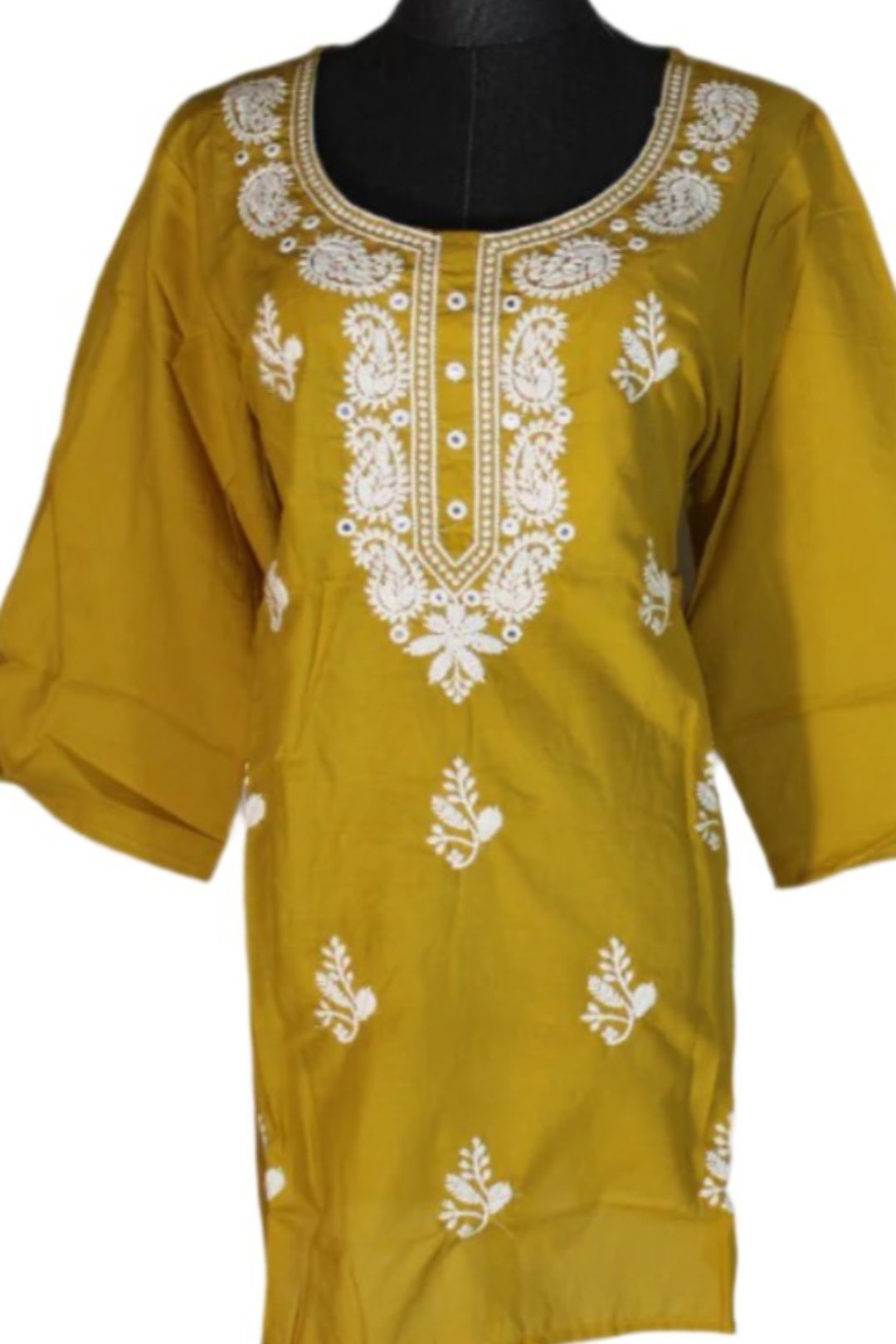 Chikankari   single kurti for women which has handmadej  embroidery along the neckline, chest area, and sleeve edges.