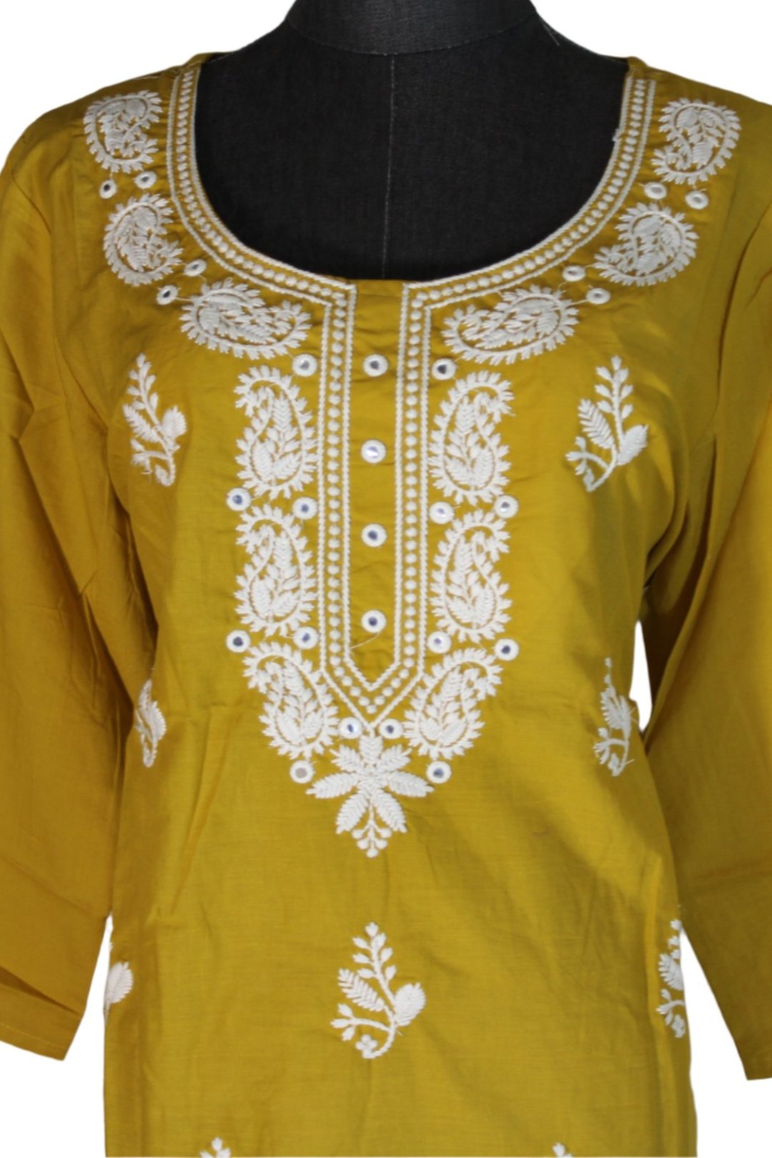 Chikankari   single kurti for women which has handmadej  embroidery along the neckline, chest area, and sleeve edges.