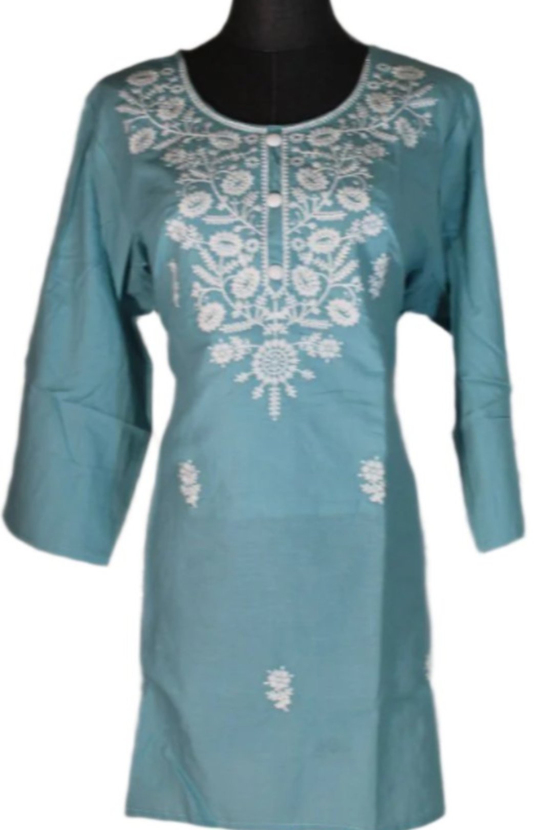 Chikankari   single kurti for women which has handmadej  embroidery along the neckline, chest area, and sleeve edges.