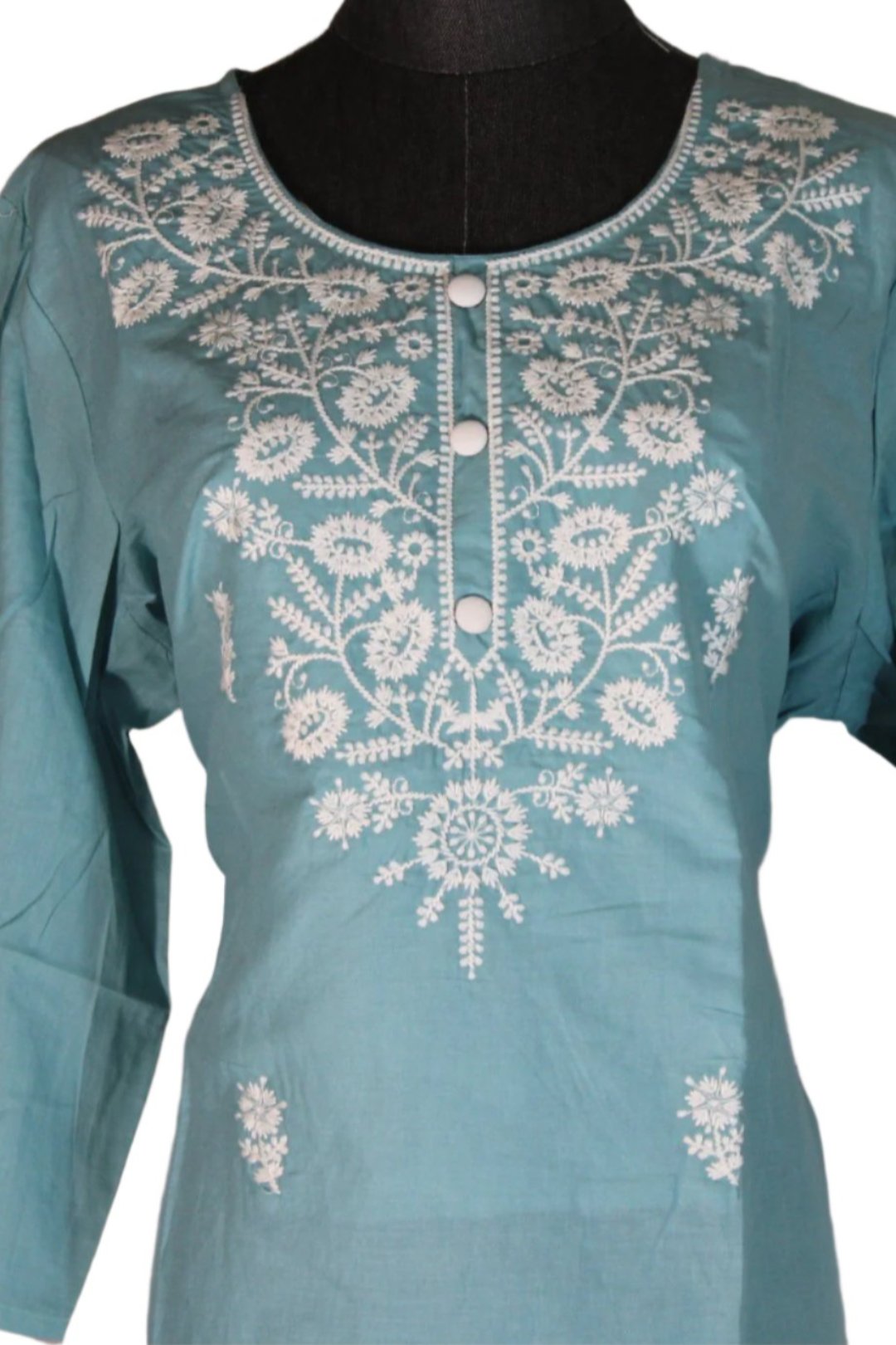 Chikankari   single kurti for women which has handmadej  embroidery along the neckline, chest area, and sleeve edges.