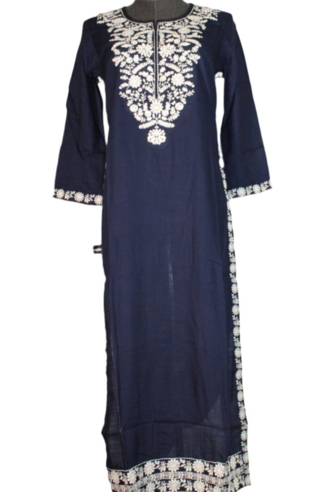 Chikankari single kurti for   women which has handmade embroidery along the neckline, chest area, and sleeve edges.