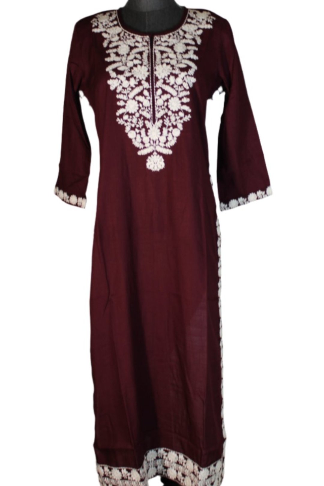 Chikankari single kurti for   women which has handmade embroidery along the neckline, chest area, and sleeve edges.