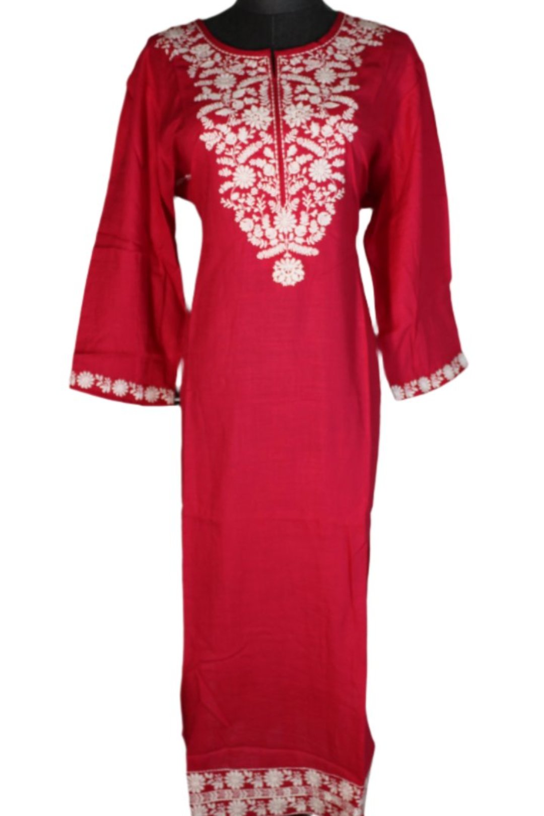 Chikankari single kurti for   women which has handmade embroidery along the neckline, chest area, and sleeve edges.