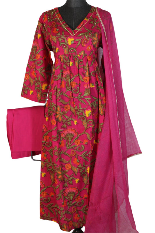 kurti with a vibrant floral pattern. It has a V-neckline with button details and three-quarter length.