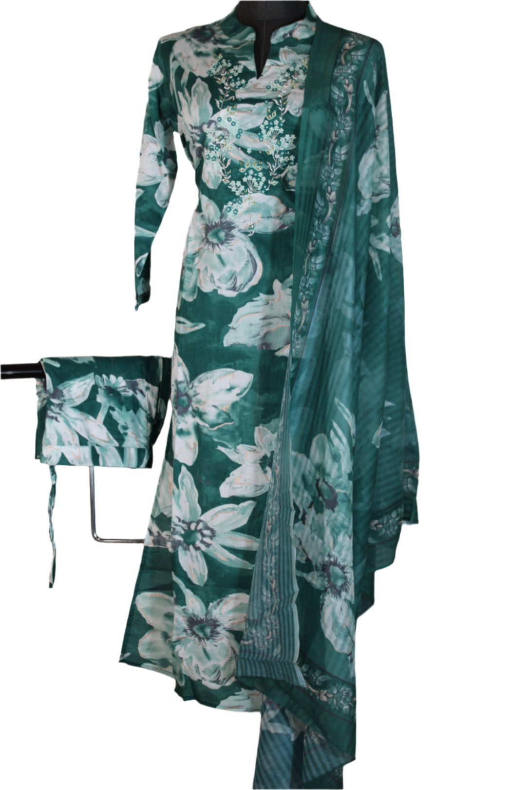 Traditional South Asian ensemble with  a long-sleeved kameez with a straight-cut design, The matching dupatta shares a similar floral print and border detailing.