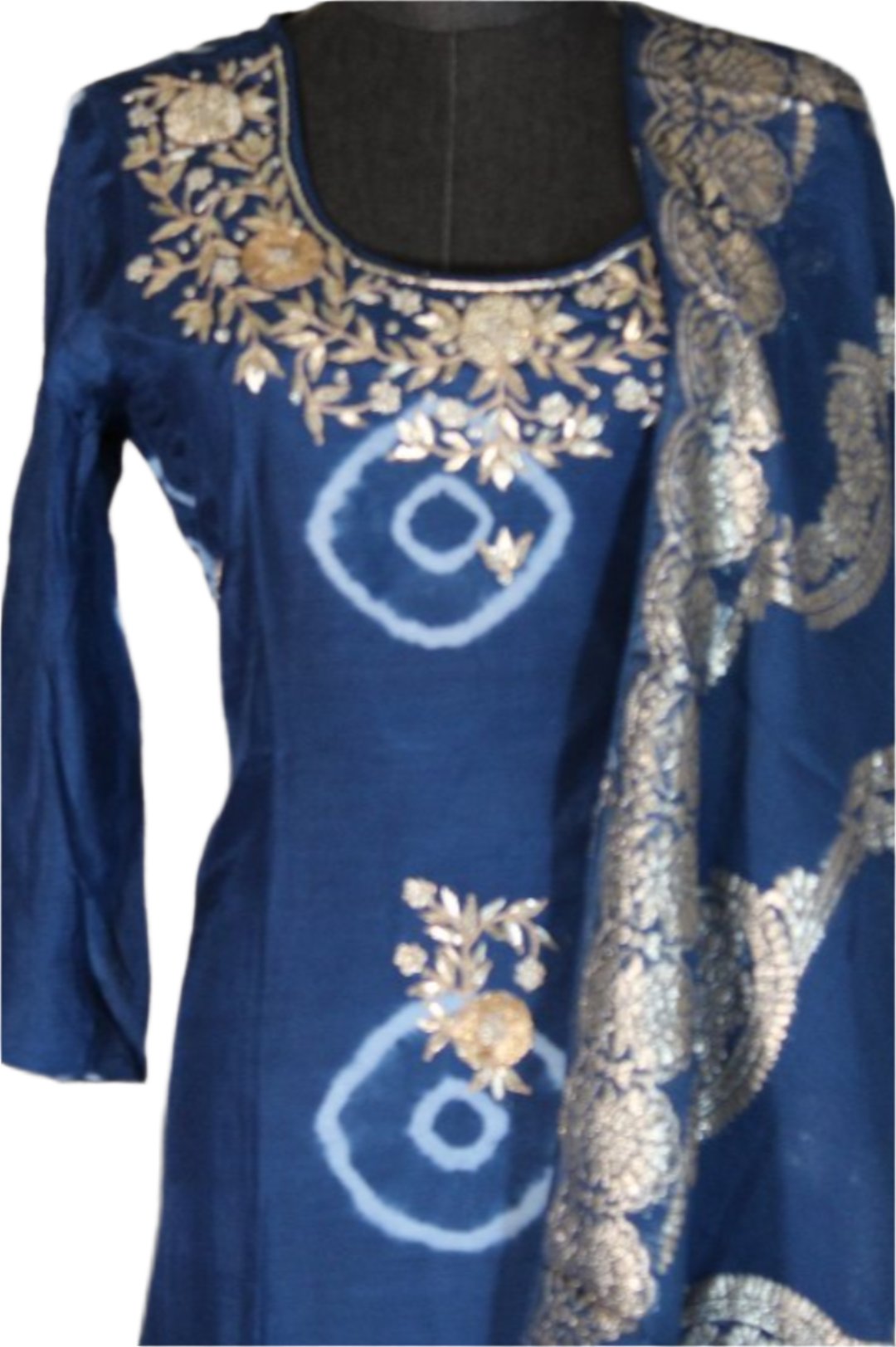 Long, blue ethnic or traditional style garment, salwar kameez, with intricate gold embroidery and patterns.