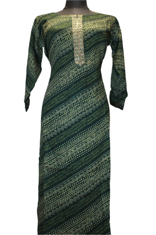 Printed Bottle Green Rayon Kurta With Three Fourth Sleeves