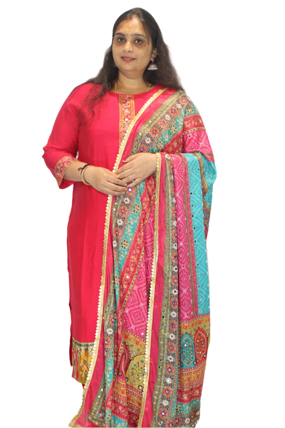 Kurti  witg colorful embroidery with Original Mirror Work, paired with plain Bottom made on Muslin Fabric.