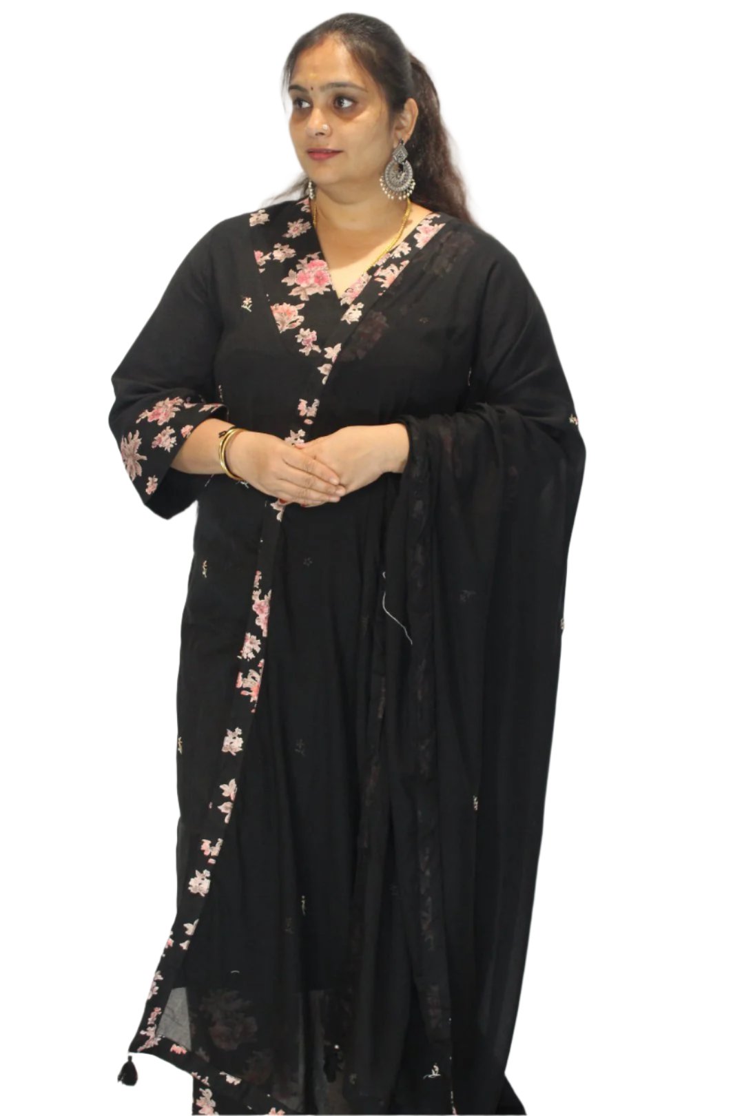 Kurtha floral pattern with flowers. It has long sleeves and a full length, suitable for formal occasions or traditional events. The matching dupatta