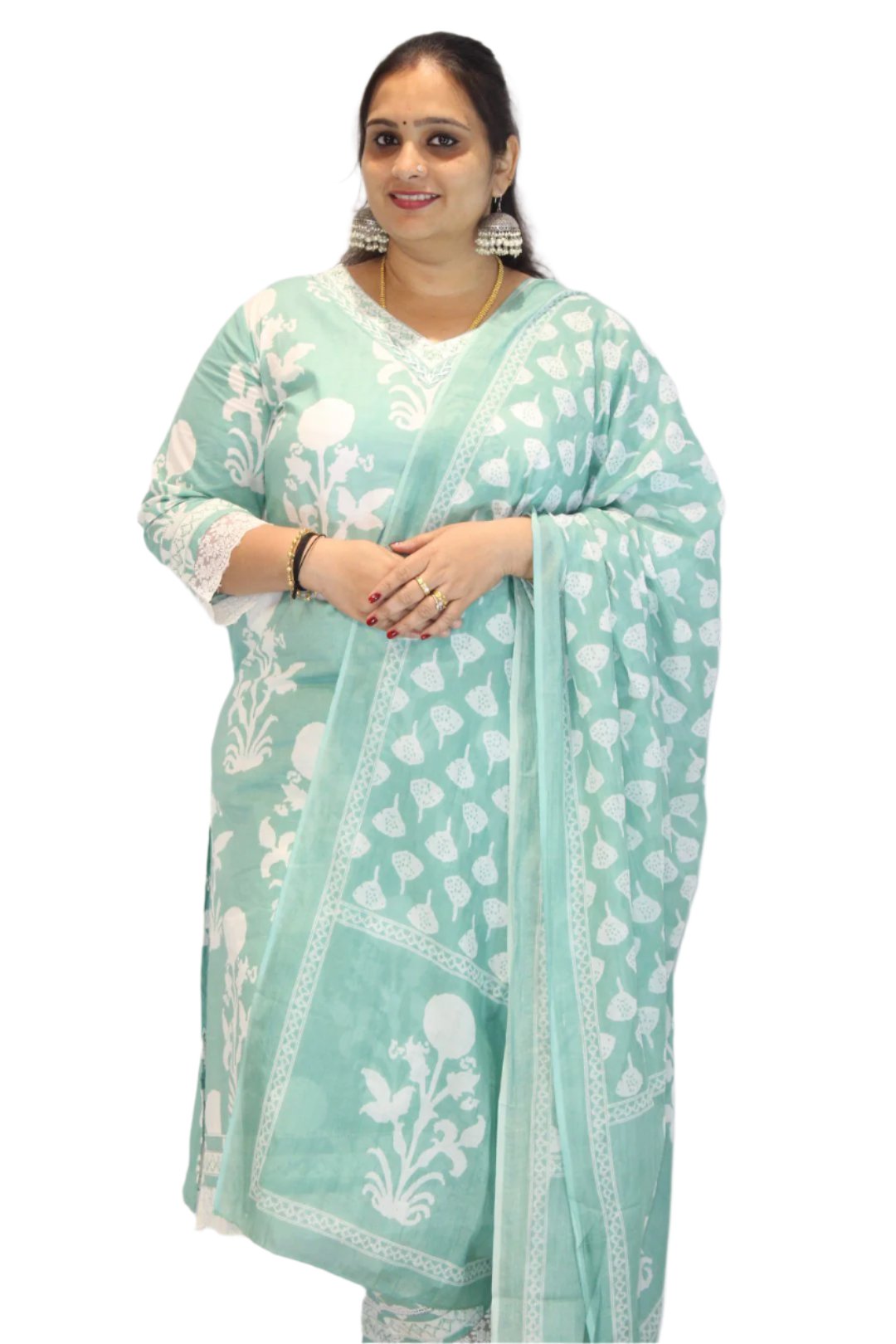 Kurti Set printed  patterns includes floral and paisley motifs.