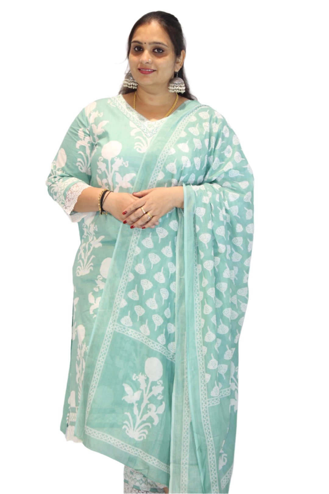 Kurti Set printed  patterns includes floral and paisley motifs.