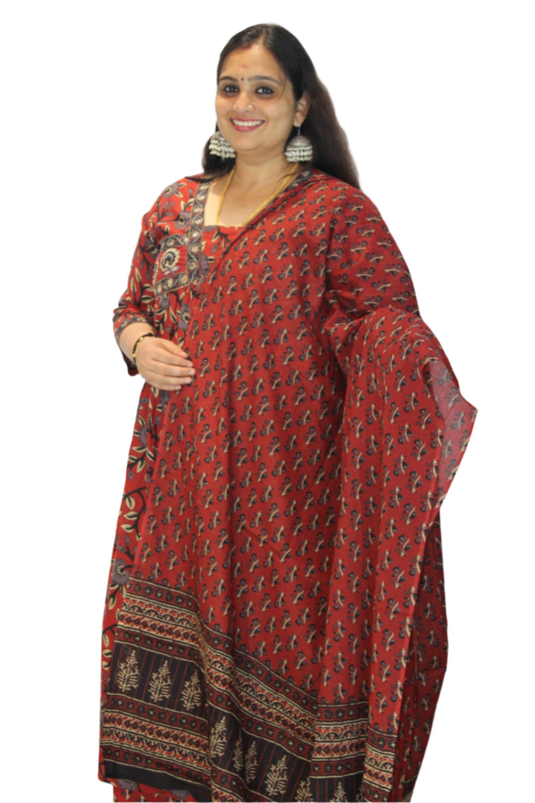 Long Kurthi  includes traditional motifs like paisleys, florals, and geometric shapes, all symmetrically arranged.