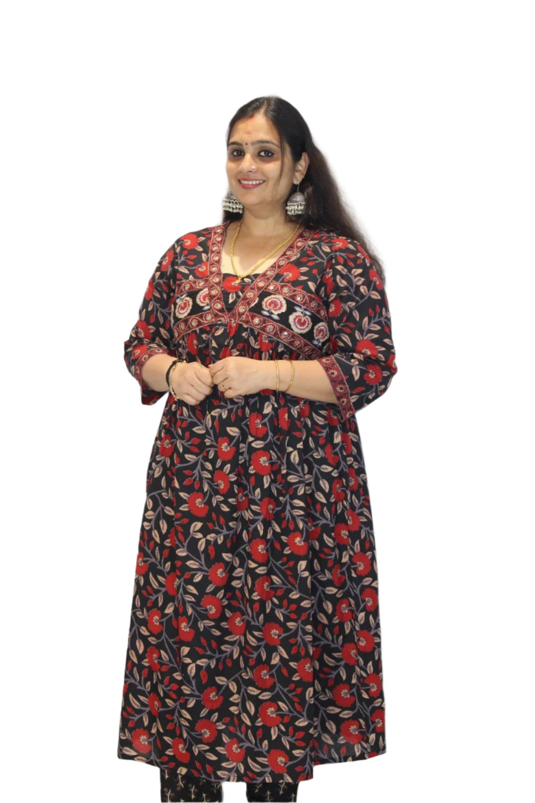 Long Kurthi  includes traditional motifs like paisleys, florals, and geometric shapes, all symmetrically arranged.