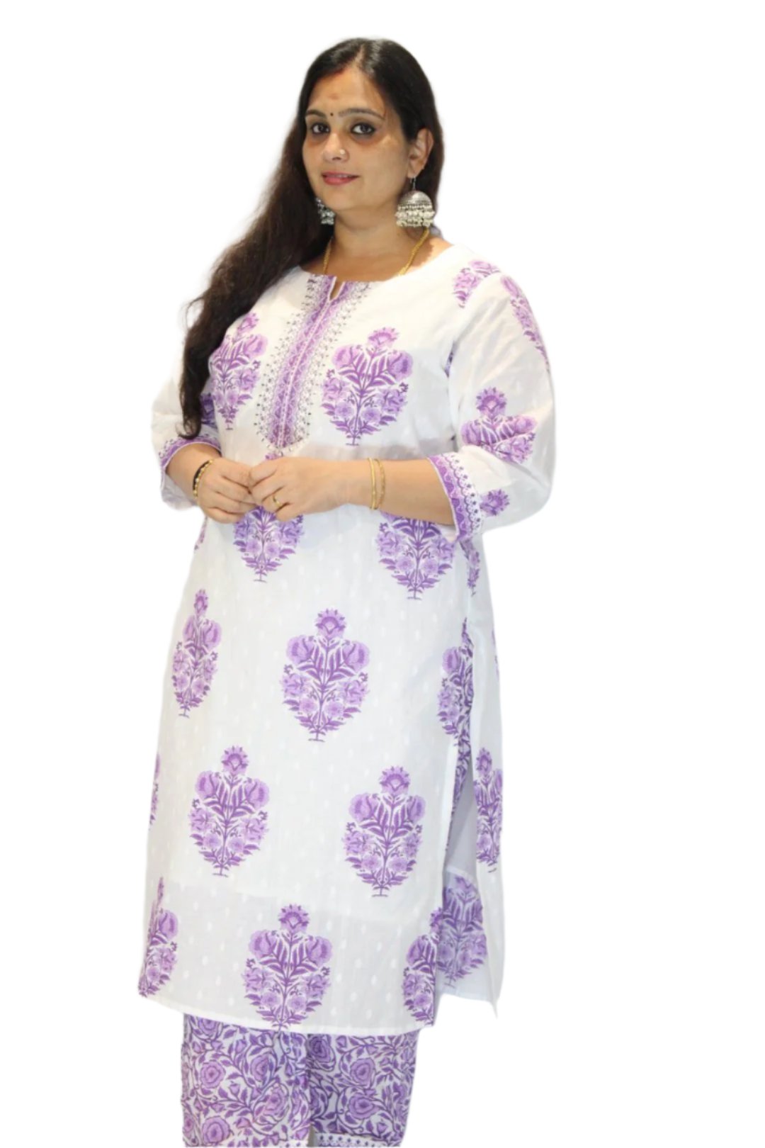 Kurti set having floral and paisley motifs, dupatta carrying the same and matching set