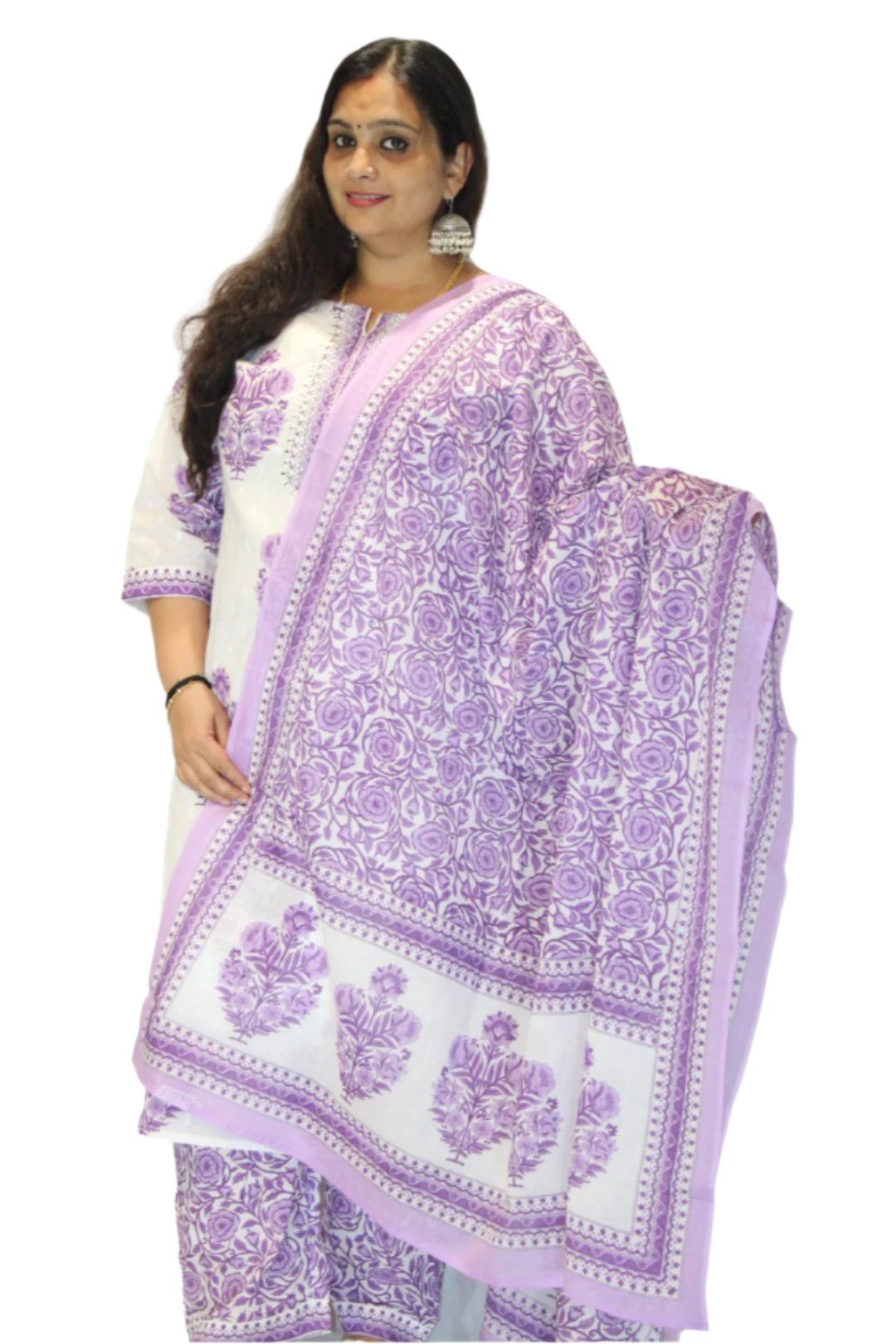 Kurti set having floral and paisley motifs, dupatta carrying the same and matching set