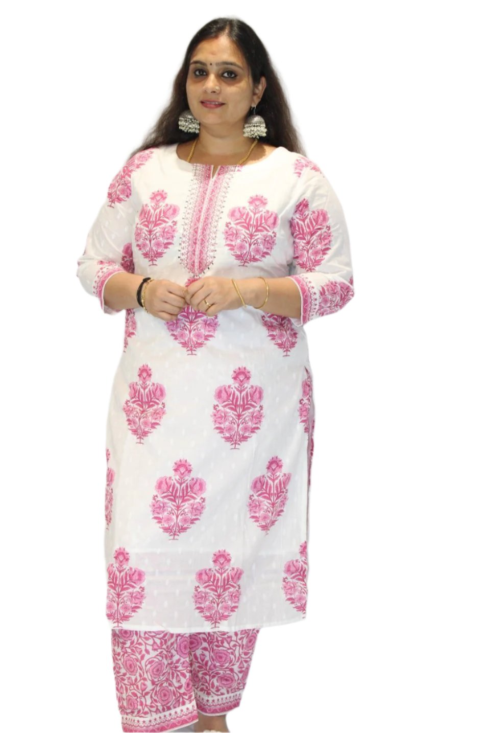 Kurti set having floral and paisley motifs, dupatta carrying the same and matching set