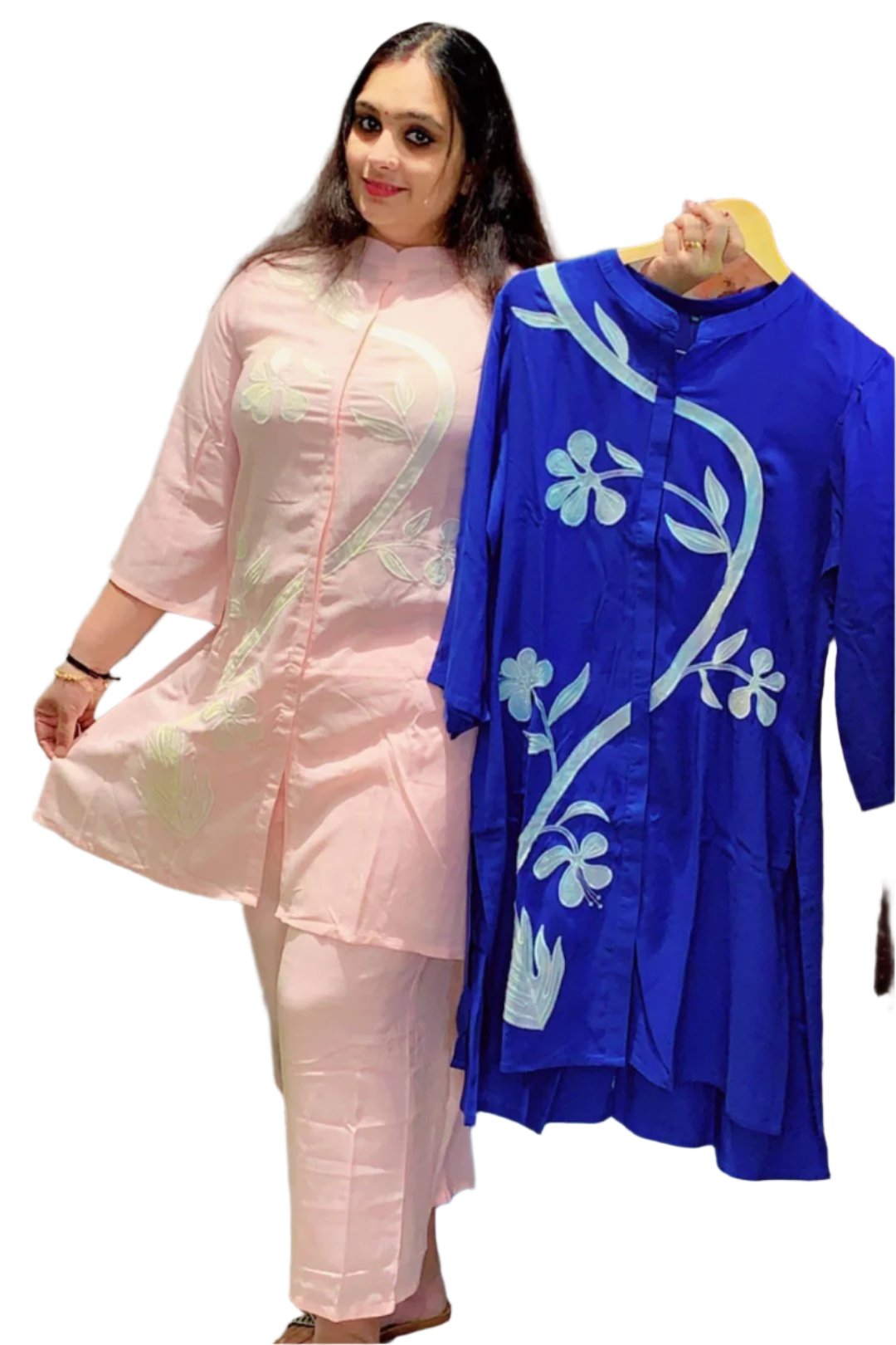 Co-ord set kurta with full sleeves and a straight cut design, showcasing intricate floral and leaf patterns predominantly along the left side.