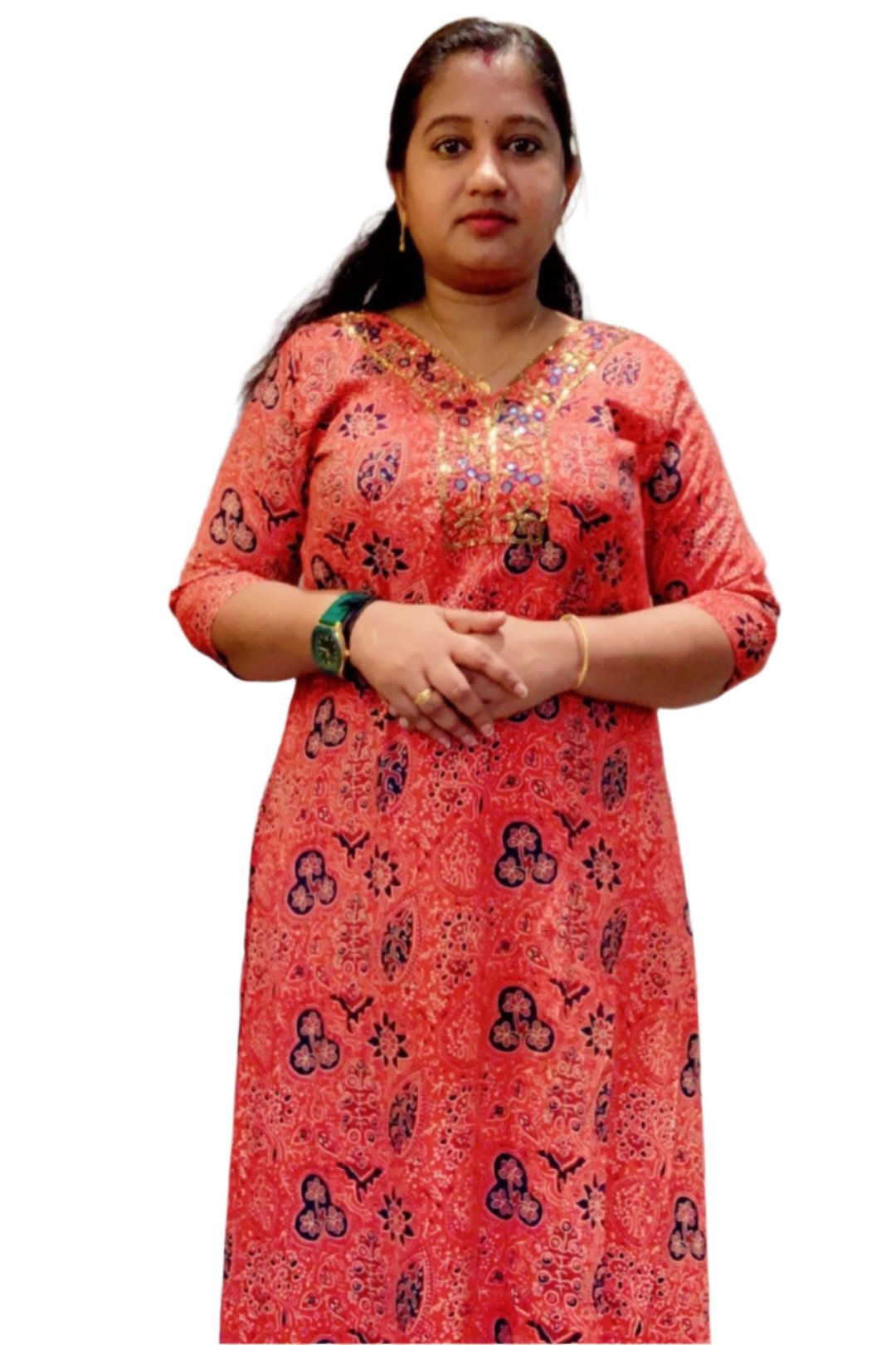 Beautiful red-orange color A-line cotton kurti.