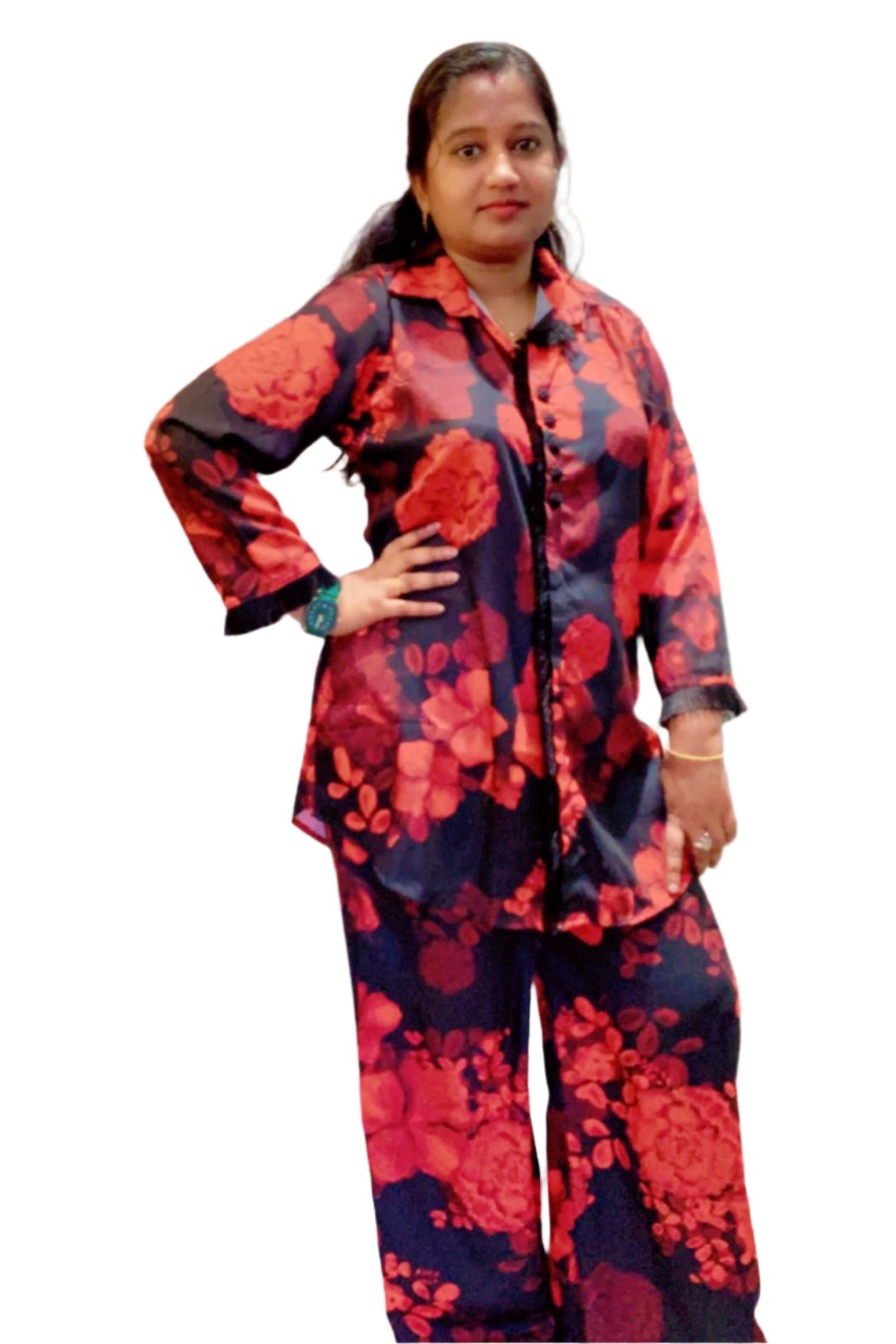 Co Ord Set  Outfit Adorned With A Floral Pattern. The Ensemble Consists Of  Long Sleeved Shirt And Matching Pants.