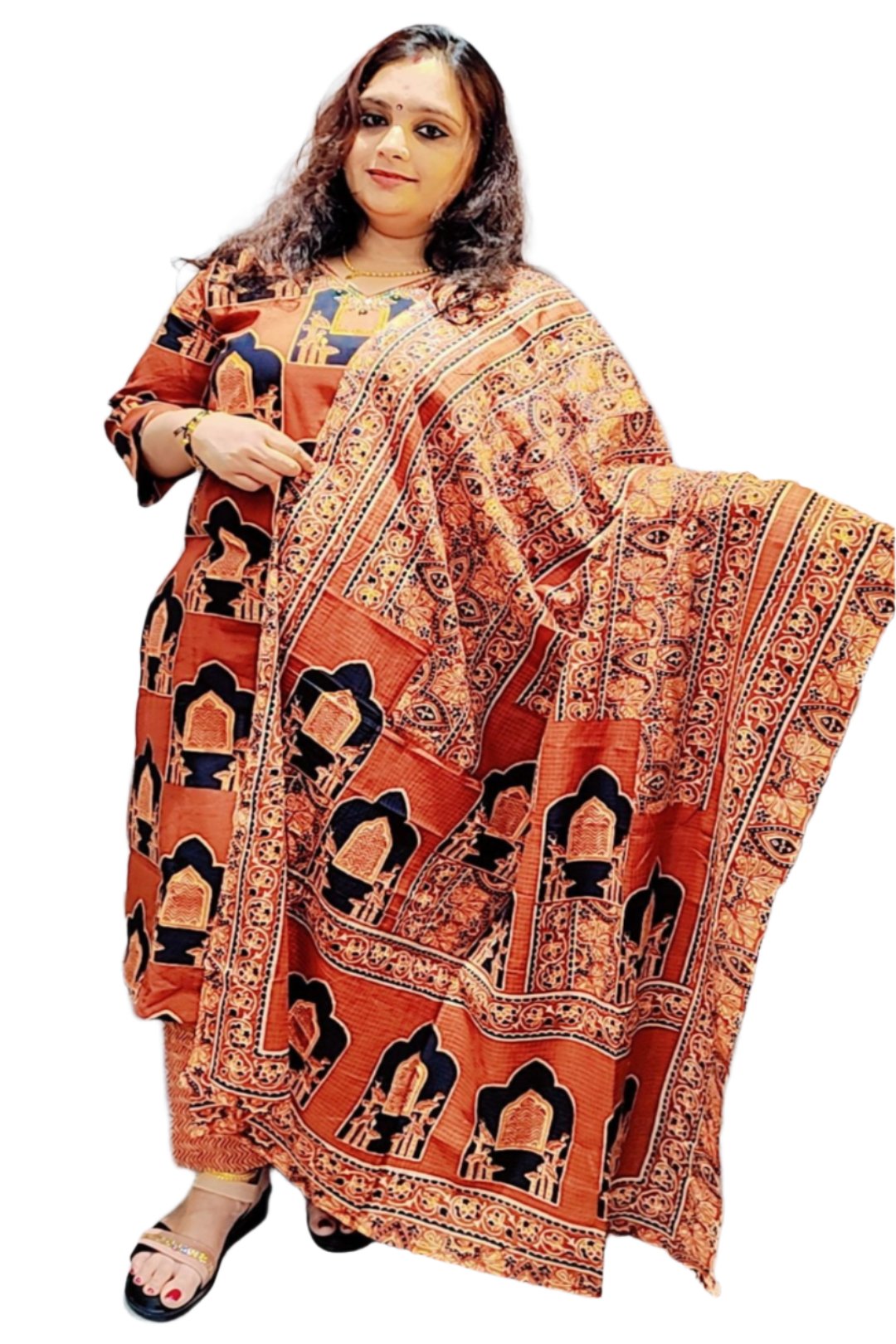 Women's Salwar Suit with Dupatta and Bottom Pant Cotton Bangaru Print V Neck