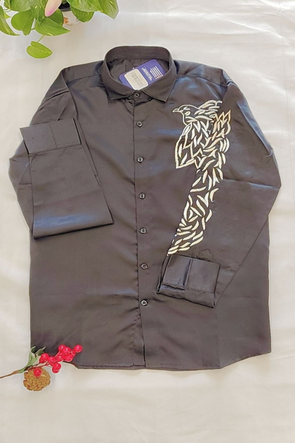 men's wear cotton Linen Full Sleeves Shirt with embroidery pattern.