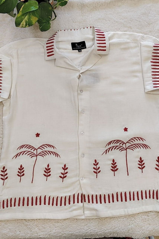 Men's  cotton Linen Half Sleeves Shirts with embroidery pattern.